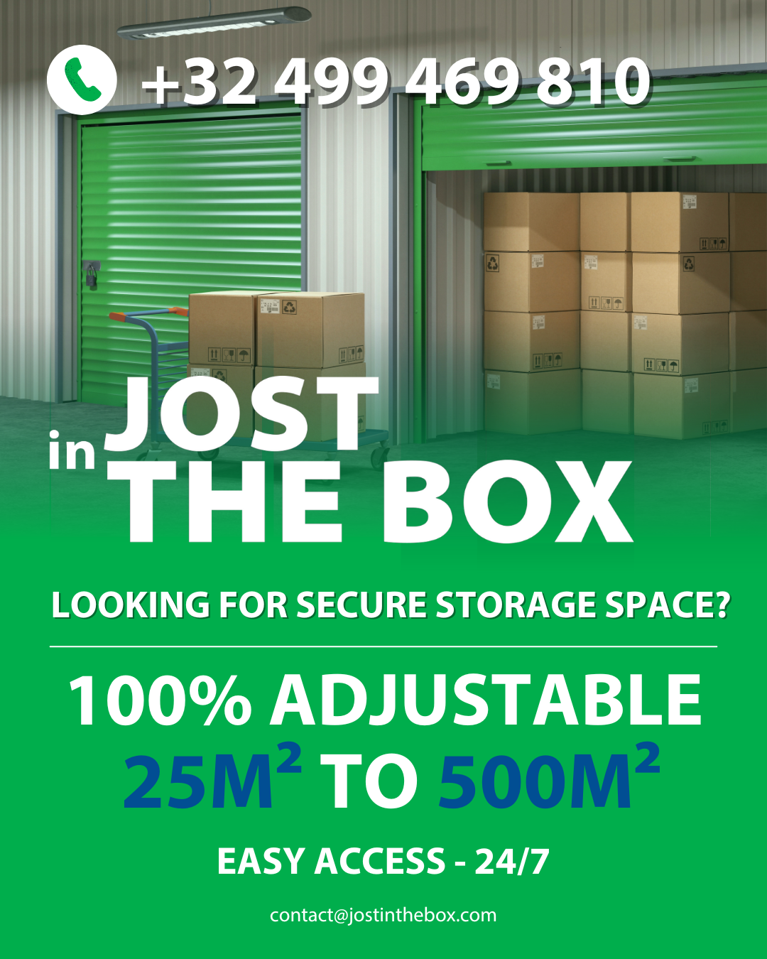 nformation flyers with phone number: 0499469810, email, and storage unit sizes.