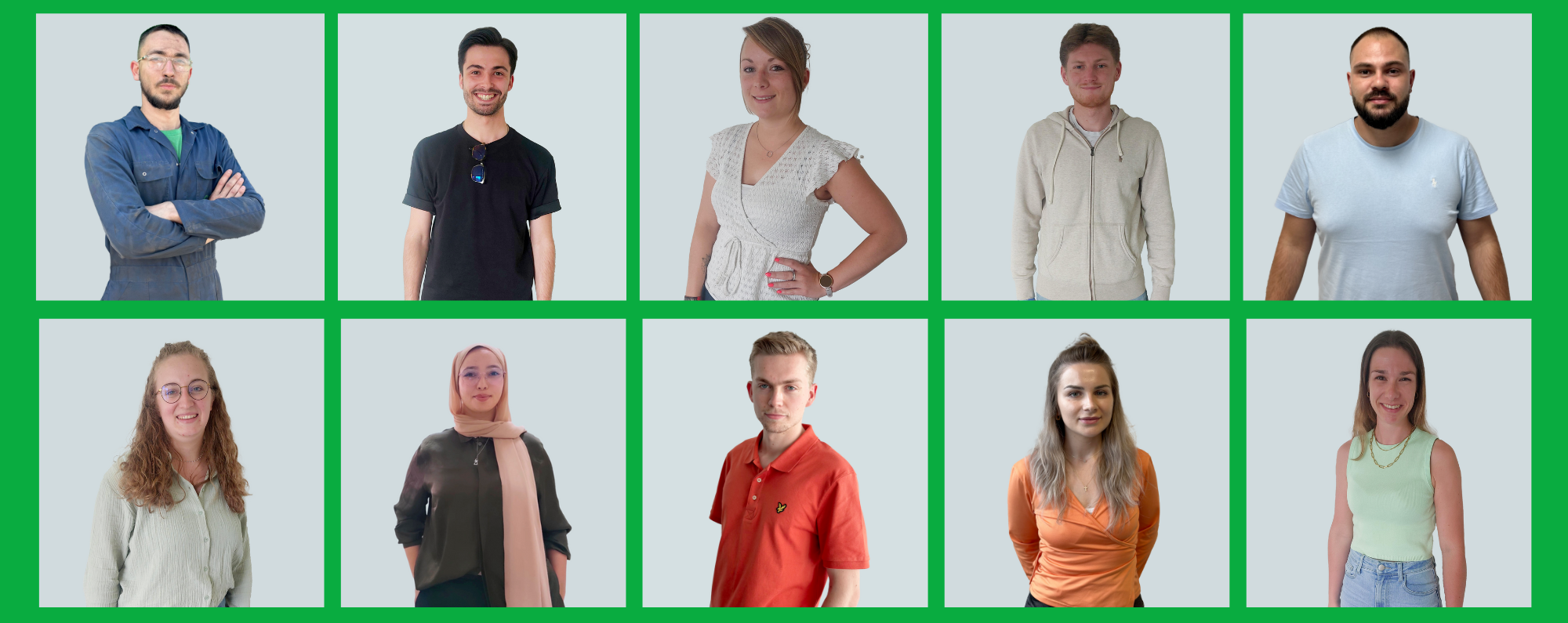 Collage photo dans des carrés au bord vert de 20 jeunes employés de chez Jost de moins de 26 ans.