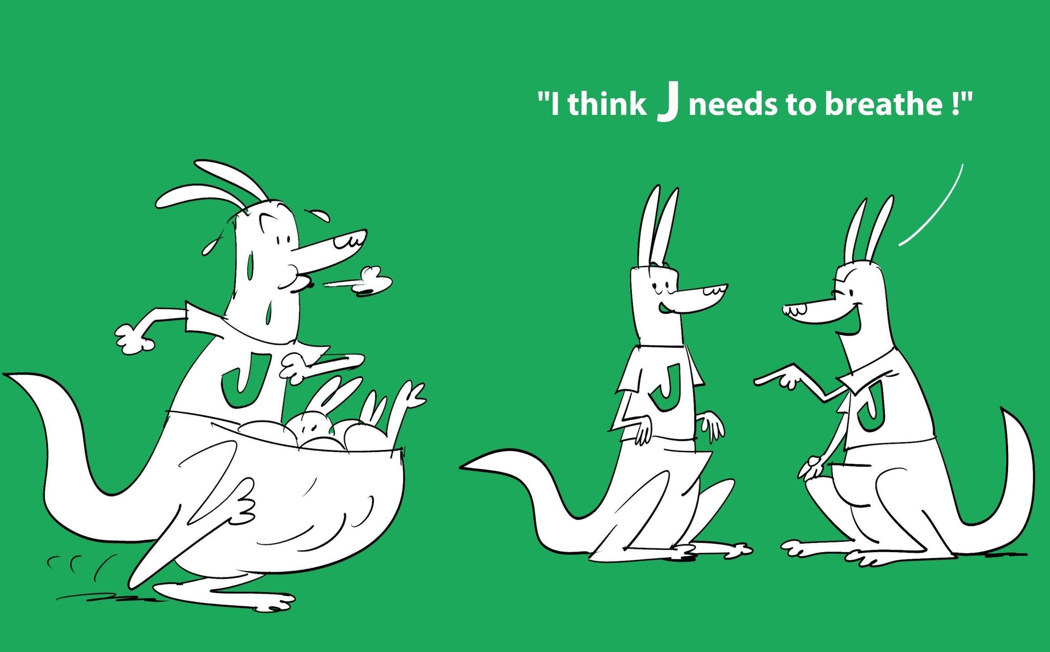 Un kangourou pressé qui court, conseillé par deux autres kangourous de prendre une pause et de respirer pour réduire son stress.