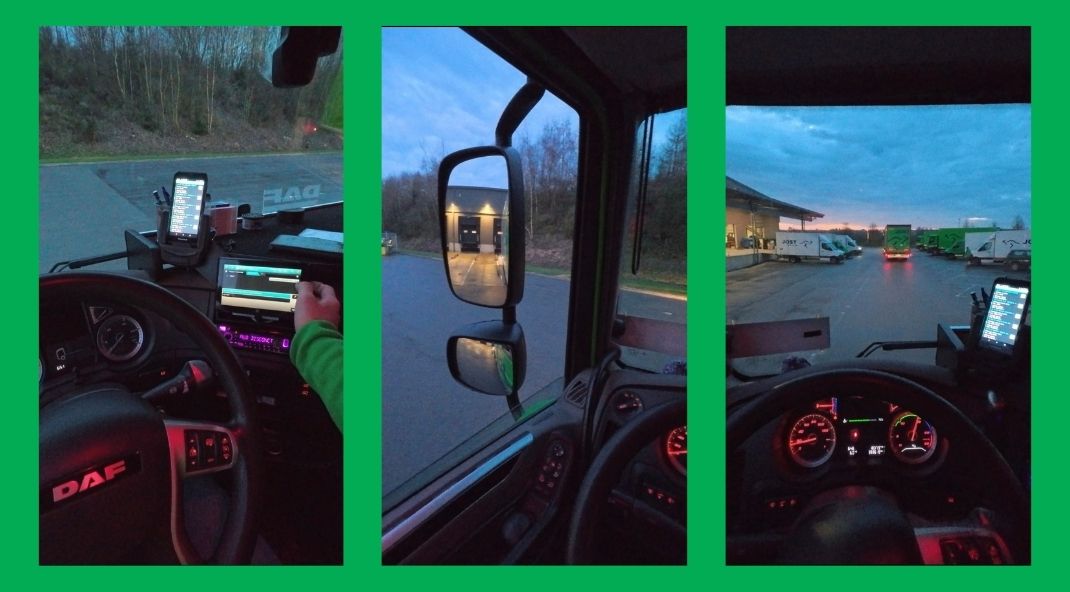 Een triptiek van interieurbeelden van een vrachtwagen bij schemering: links de chauffeur die de dashboardbediening gebruikt, in het midden het spiegelbeeld van de weg, rechts het dashboard en de straat.